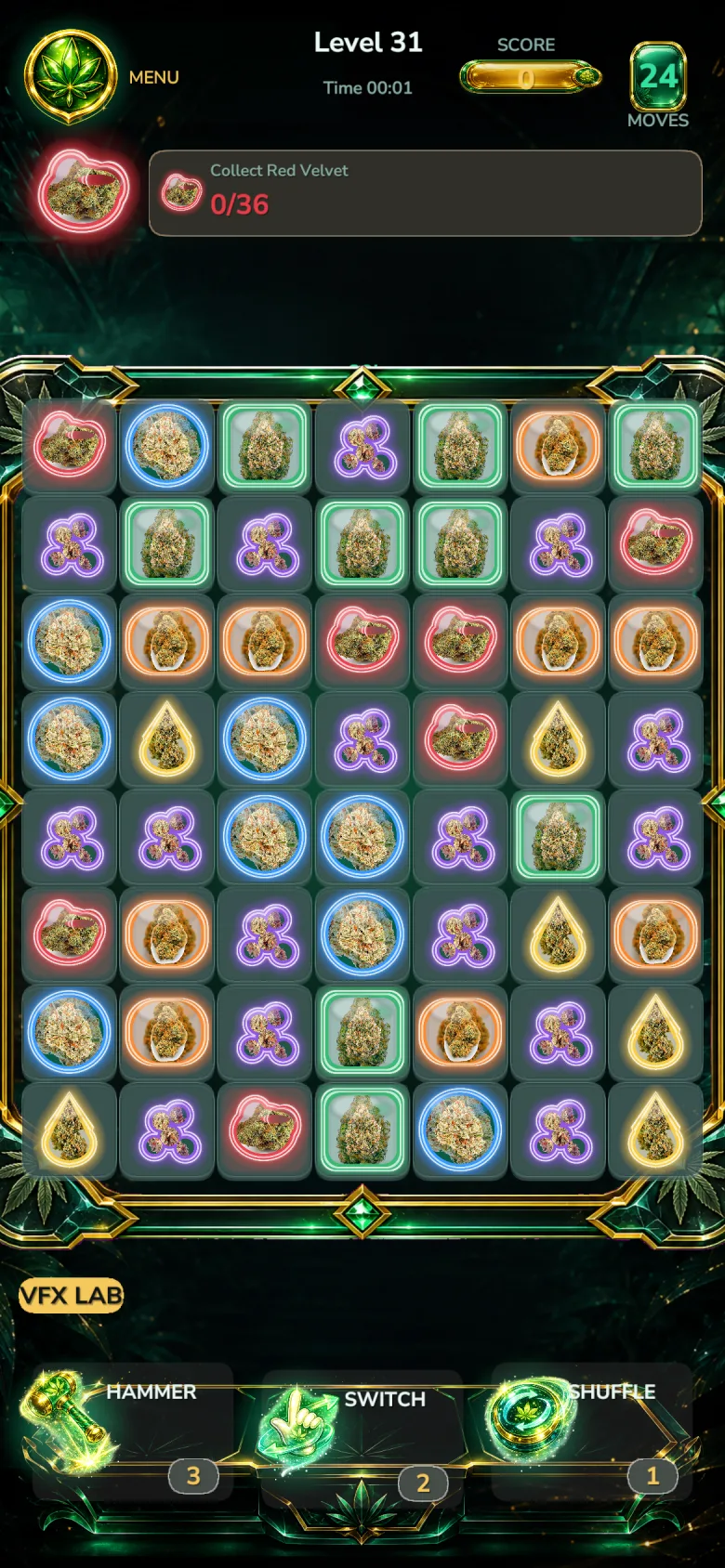 Bud Crush gameplay: a glowing emerald board of crystal bud pieces with the booster dock below