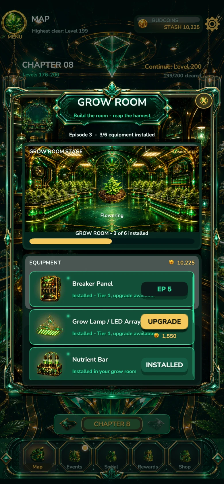 Bud Crush Grow Room: equipment cards, the episode build meter, and flowering beds coming alive around the room