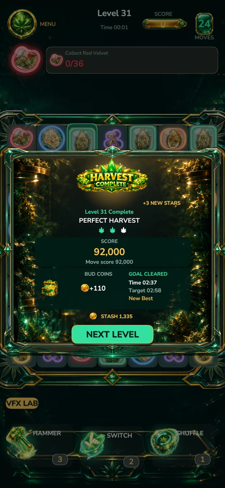 Bud Crush Harvest Complete screen with grade and score band