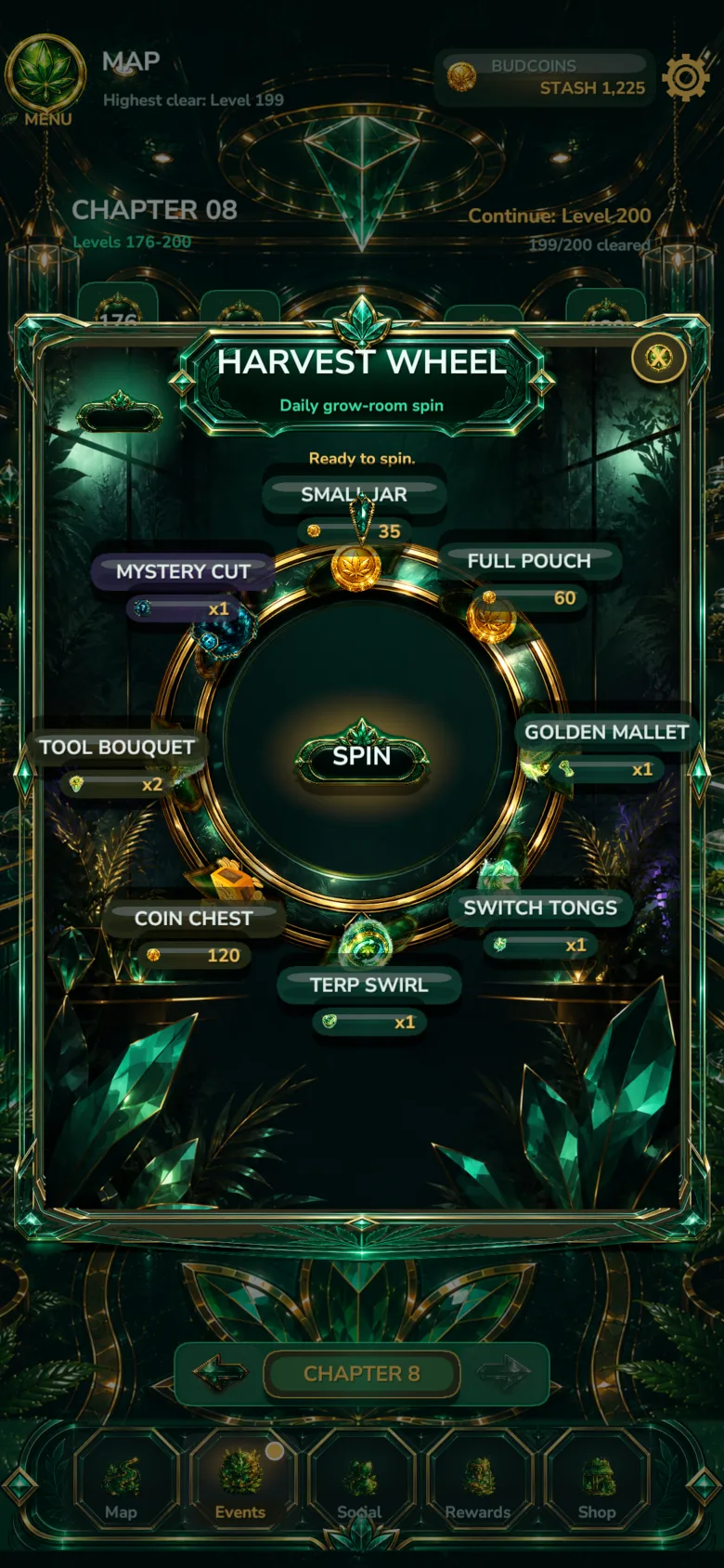 The Harvest Wheel: a glowing emerald prize wheel offering jars, pouches, tools, and Terp Gems