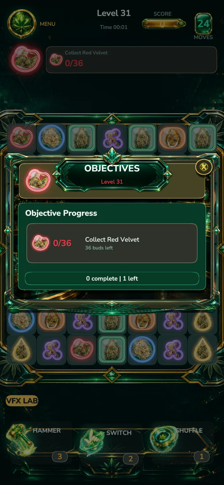 Bud Crush objectives dialog showing the level goal and progress over the board
