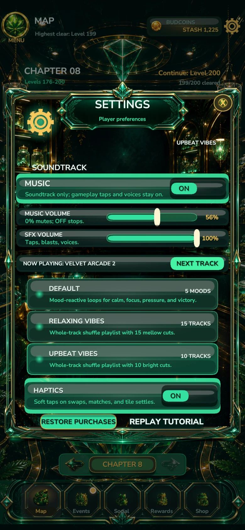 Bud Crush Settings: the soundtrack picker with Default, Relaxing Vibes, and Upbeat Vibes playlists, plus Now Playing and Next Track